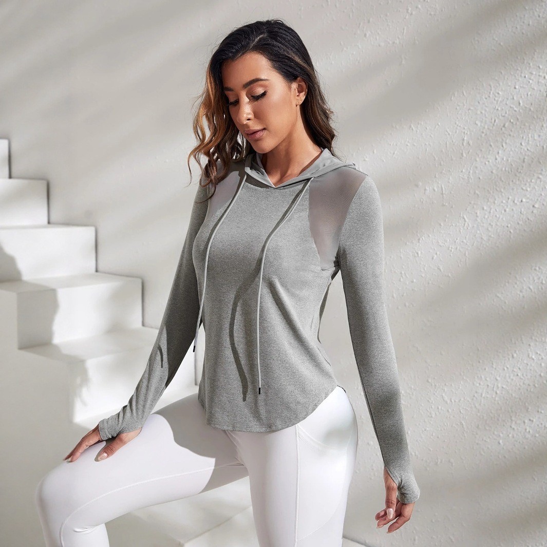 Women's mesh spliced hooded yo - Yoga Fitness Drawing 评论和价格