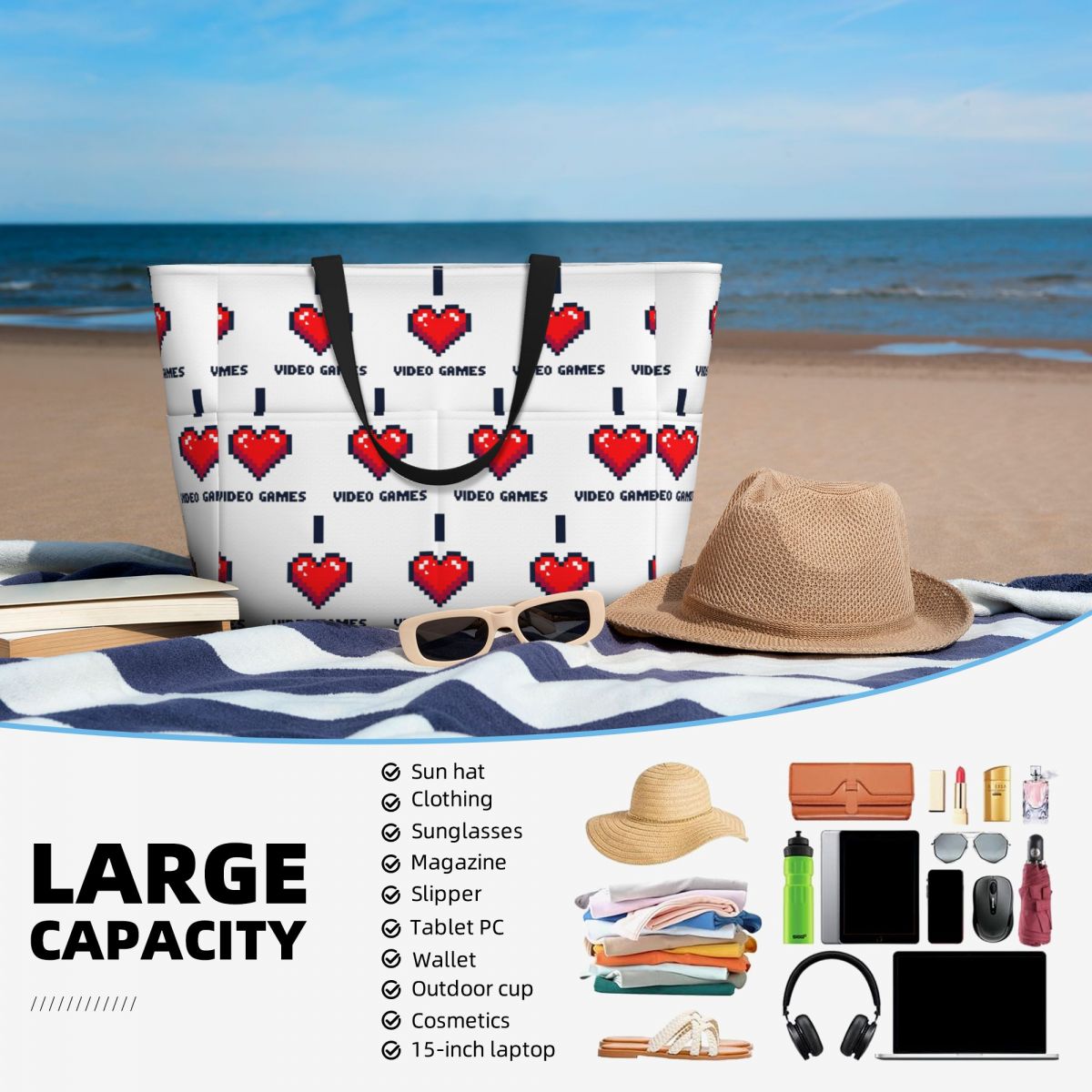 I Heart Video Games Beach Tote - Yoga Fitness Videos Free 评论和价格